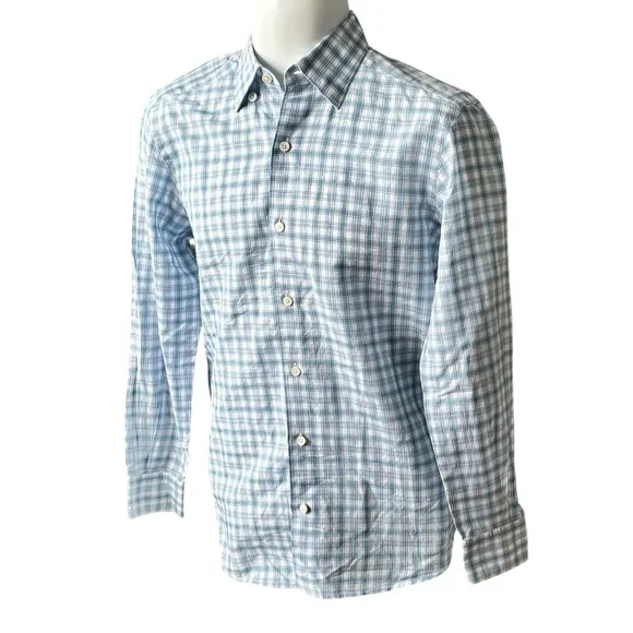 Ermenegildo Zegna Cotton Linen Check Shirt Blue White Small 14.5 - Picture 3 of 13